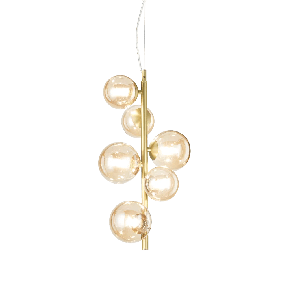 Suspension PERLAGE SP6 laiton diffuseurs ambré - Luminaire suspendu design avec 6 sphères en verre ambré.
