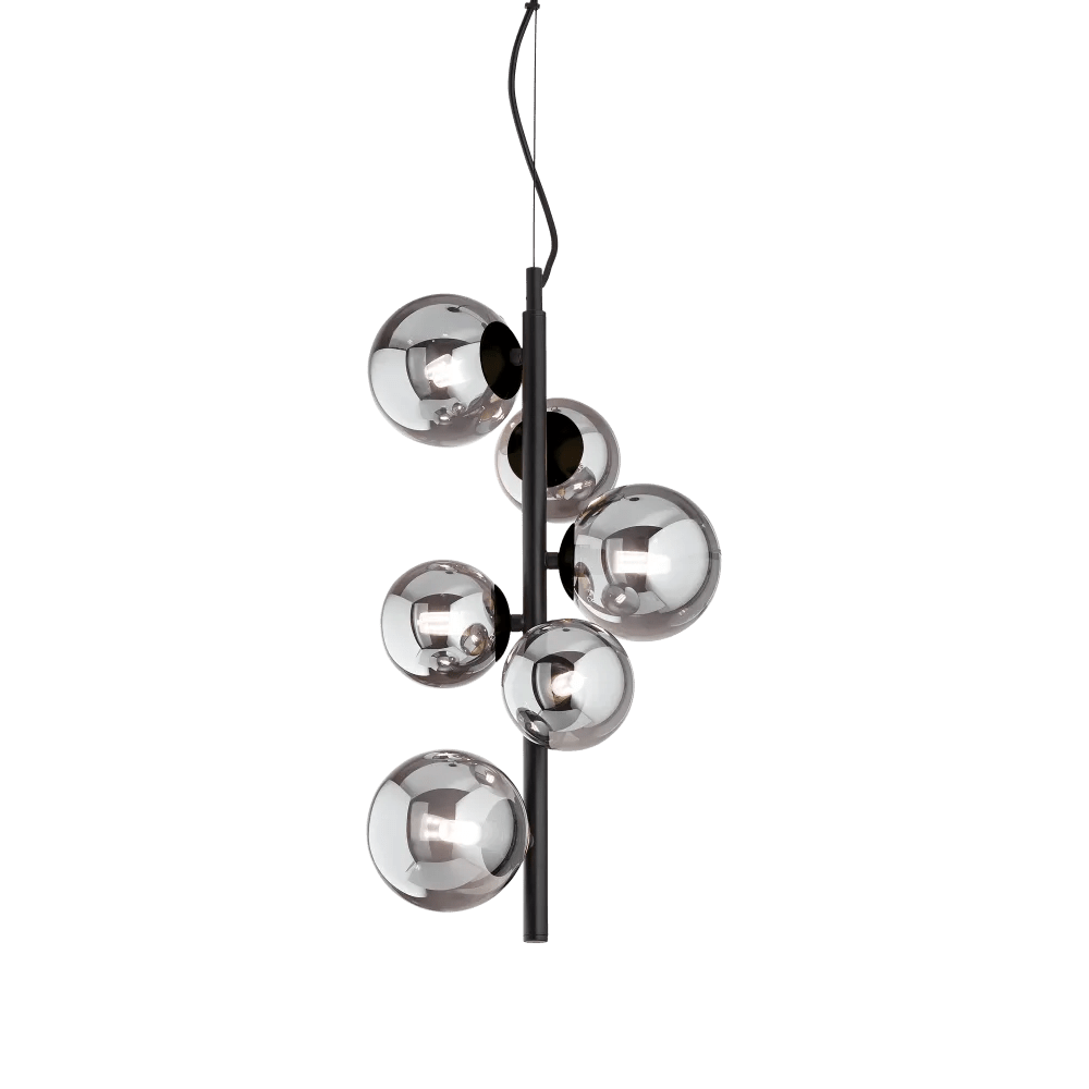 Suspension PERLAGE SP6 noire diffuseurs fumé - luminaire suspendu design avec 6 sphères en pyrex fumé.