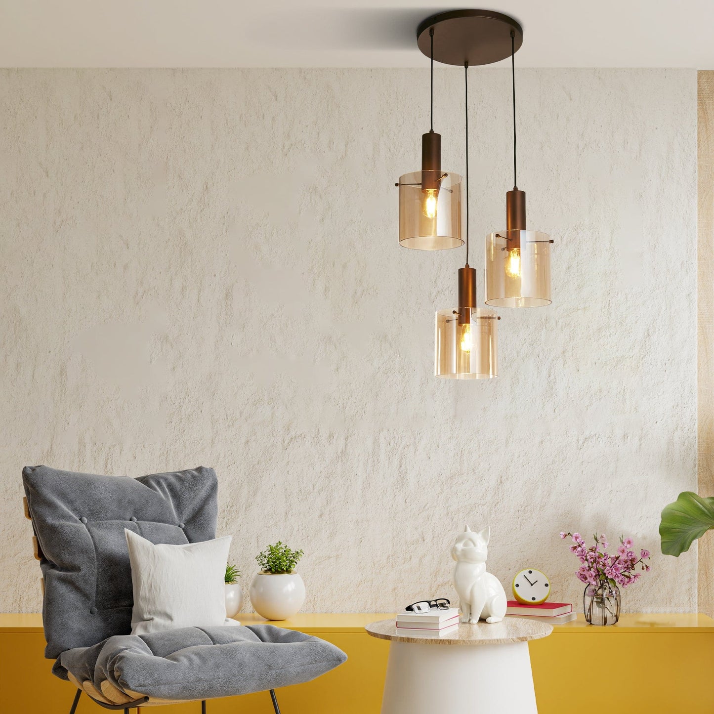 Suspension Suspension SWEDEN 3 lampes verre ambré Marque Searchlight Lumisign