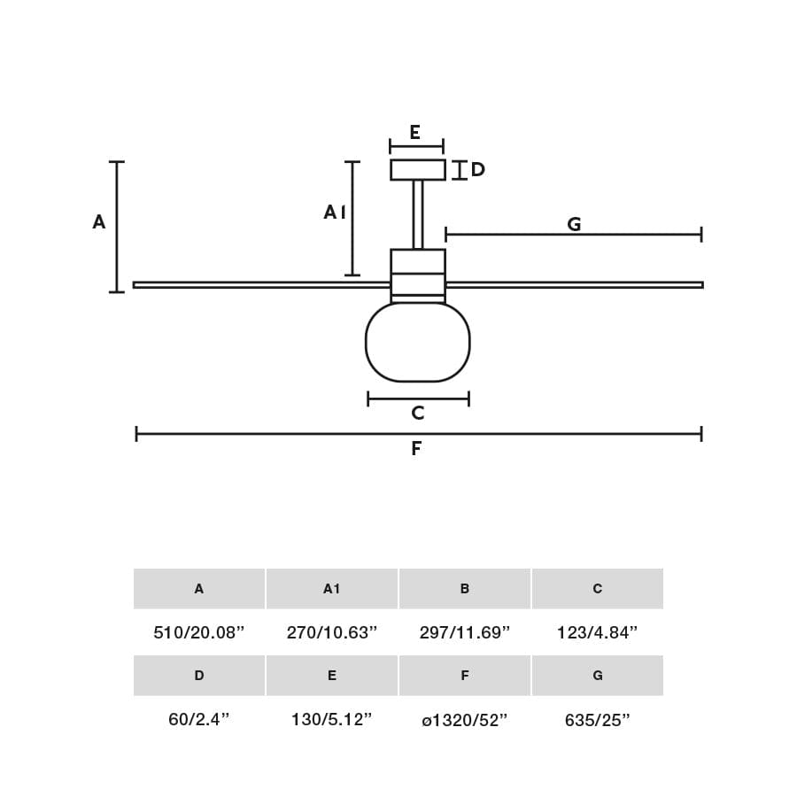 Schéma des dimensions du ventilateur de plafond AMELIA-L BALL LED noir