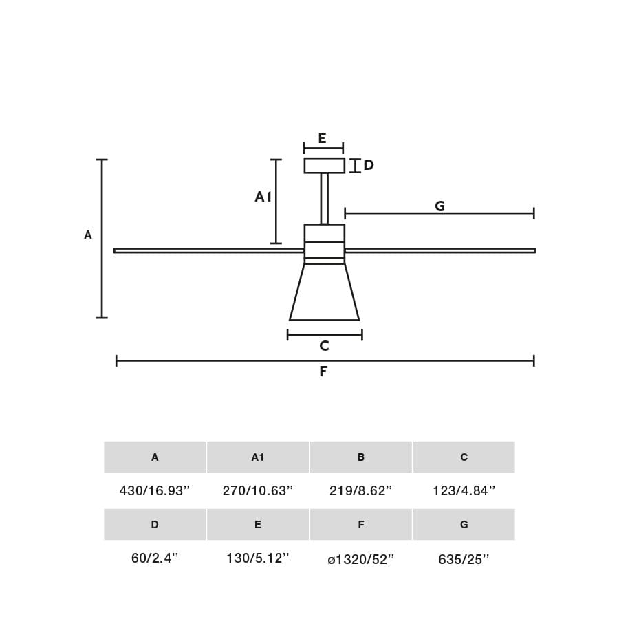 Schéma des dimensions du ventilateur de plafond AMELIA-L CONE LED gris