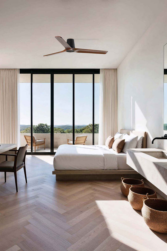 Ventilateur de plafond HEYWOOD TUB noir Ø 1320 mm avec pales en bois foncé