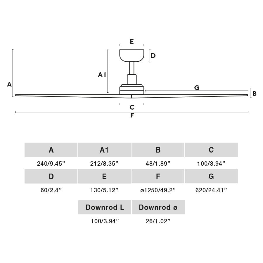 Schéma des dimensions du ventilateur de plafond KLIM-M Ø 1250 mm blanc pales chêne clair