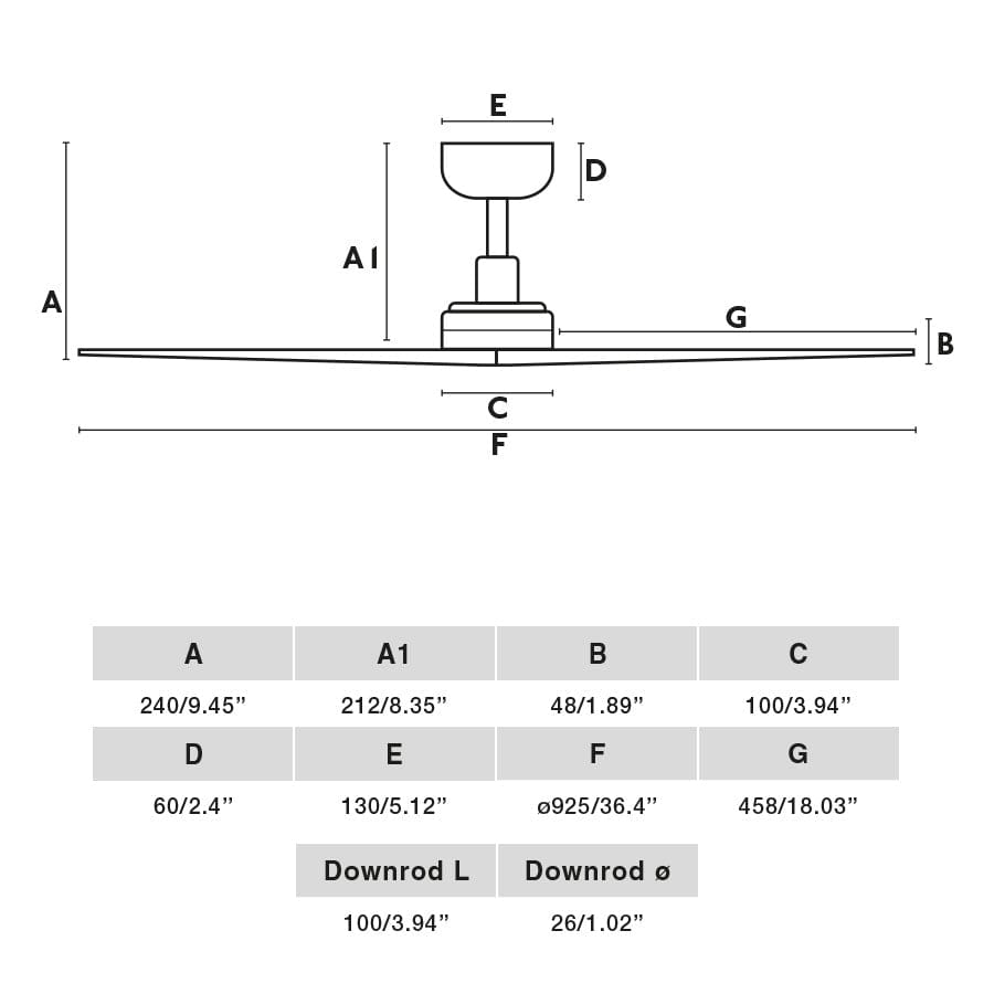 Schéma des dimensions du ventilateur de plafond KLIM-S Ø 925 mm blanc pales chêne clair