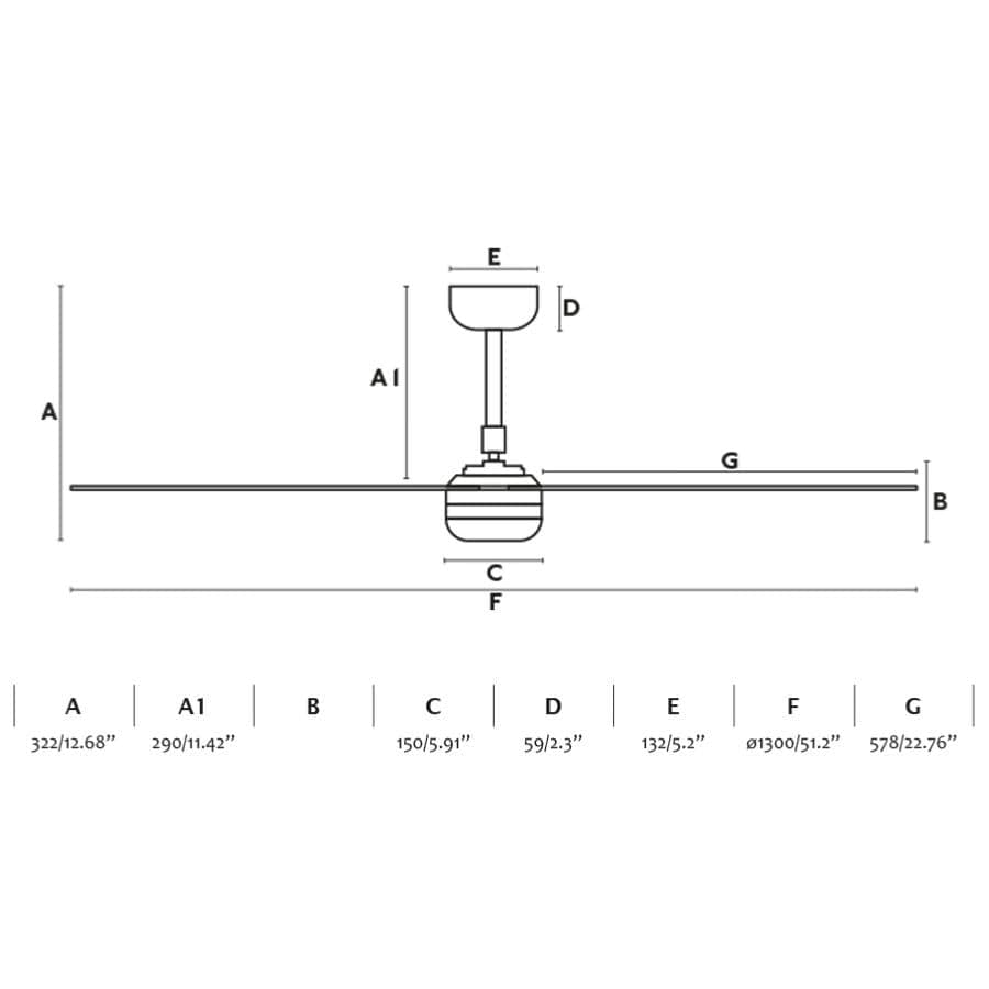 Schéma des dimensions du ventilateur de plafond PUNT blanc pales érable avec luminaire