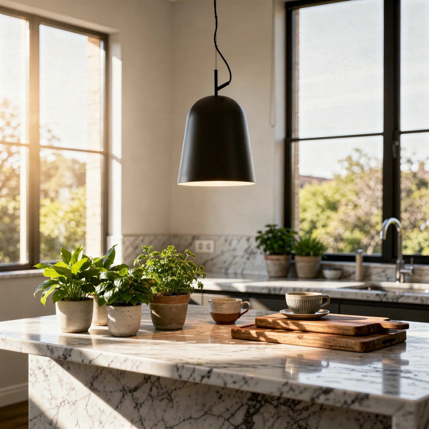 Suspension cloche STUDIO 290 noire au dessus d'un îlot de cuisine, élégance lumineuse pour intérieur moderne