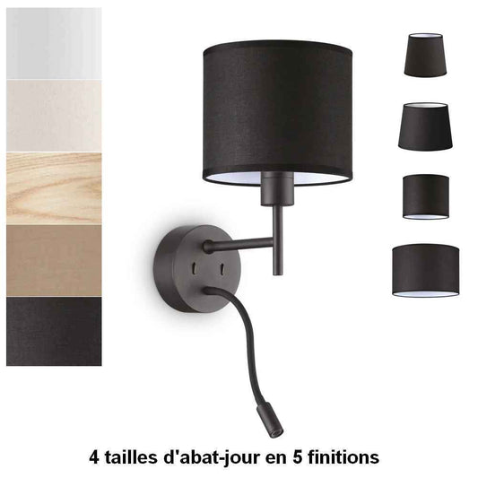 Applique liseuse noire SET-UP à composer vous-même - Personnalisez votre éclairage avec 4 tailles et finitions d’abat-jour ignifugé. Liseuse LED flexible incluse.