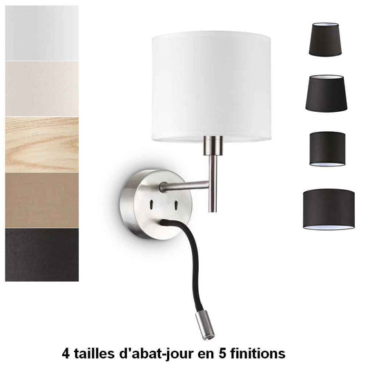 Applique liseuse nickel-mat SET-UP à composer vous-même - Personnalisez votre éclairage avec 4 abat-jour ignifugés. Liseuse flexible et 2 interrupteurs indépendants.