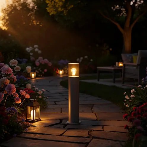 Borne extérieure KILA gris foncé verre ambré en situation dans une allée de jardin