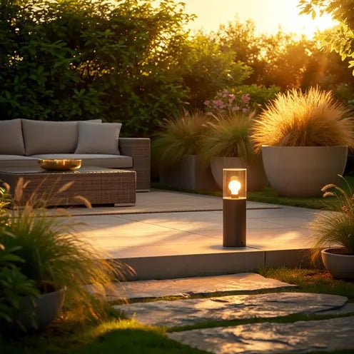 Borne extérieure KILA gris foncé verre transparent H400 1x15W IP65 en situation sur une terrasse