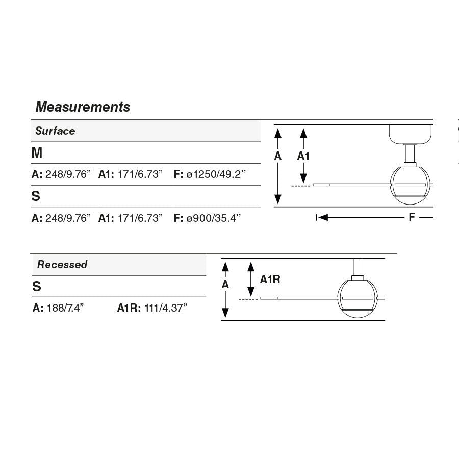 Dimensions Ventilateur de plafond SFERA Ø 900 mm noir