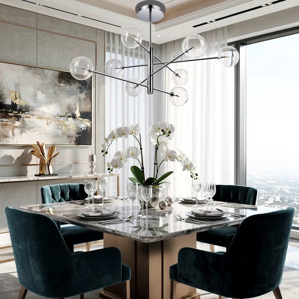 Suspension de Luxe EQUINOXE 8 Verres Transparents en situation au-dessus d'une table de salle à manger