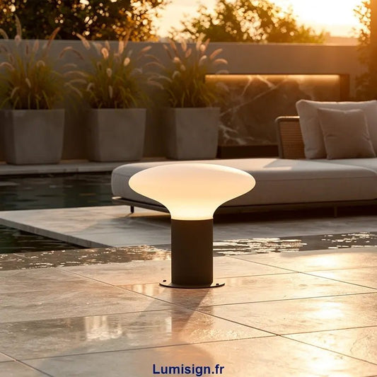 Borne de jardin BLUB'S-P gris - Luminaire extérieur moderne E27 en situation sur une terrasse