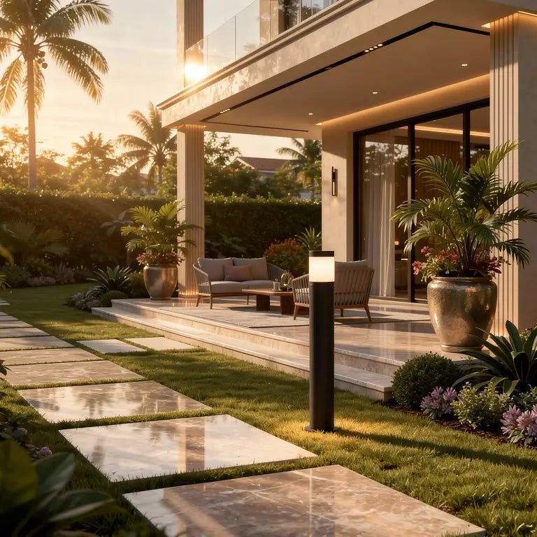 Borne extérieure PLIM gris LED Faro 10W - Éclairage jardin en situation dans une allée de jardin