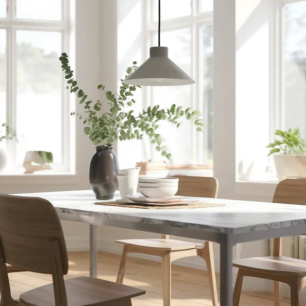 Élégante suspension OIL-6 : modernité et robustesse en béton en situation dans une salle à manger