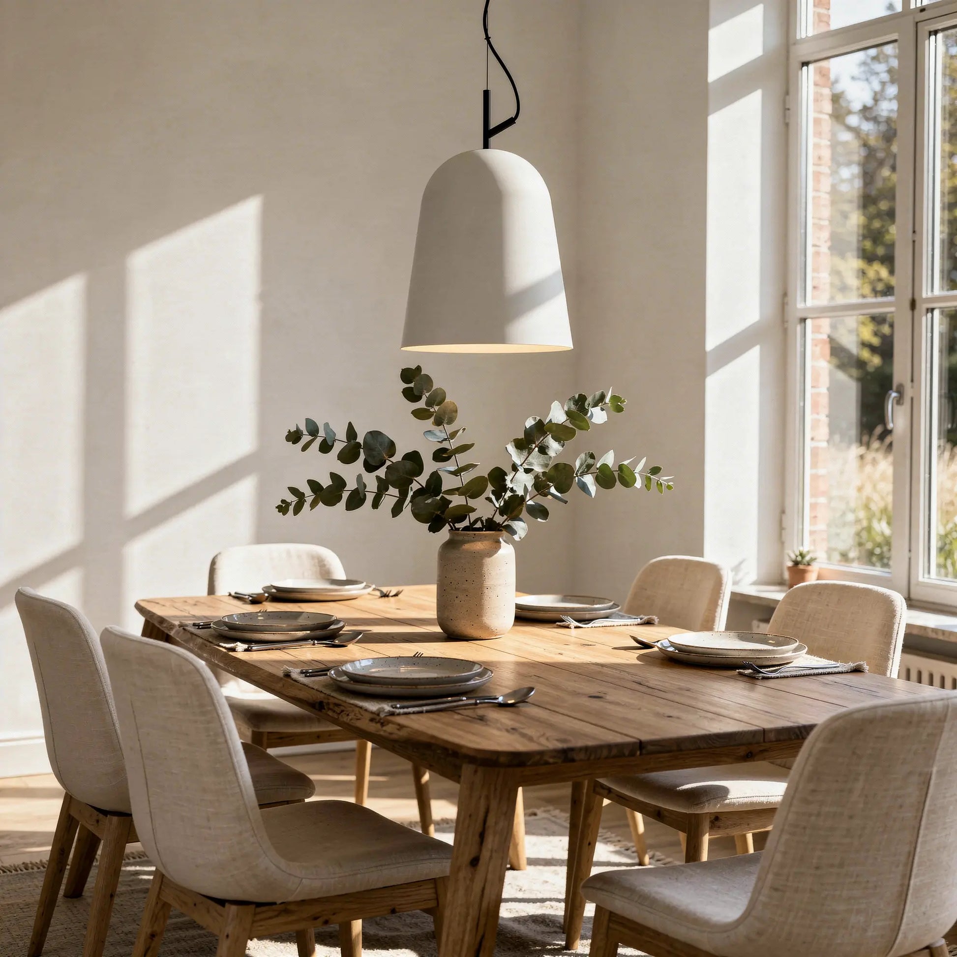Suspension blanche STUDIO 290 au-dessus d’une table en bois, vase avec branches de eucalyptus, chaises crème dans une pièce lumineuse et épurée.