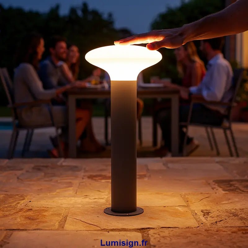 Borne d'extérieur Faro Barcelona BLUB'S-G gris foncé LED en situation sur une terrasse