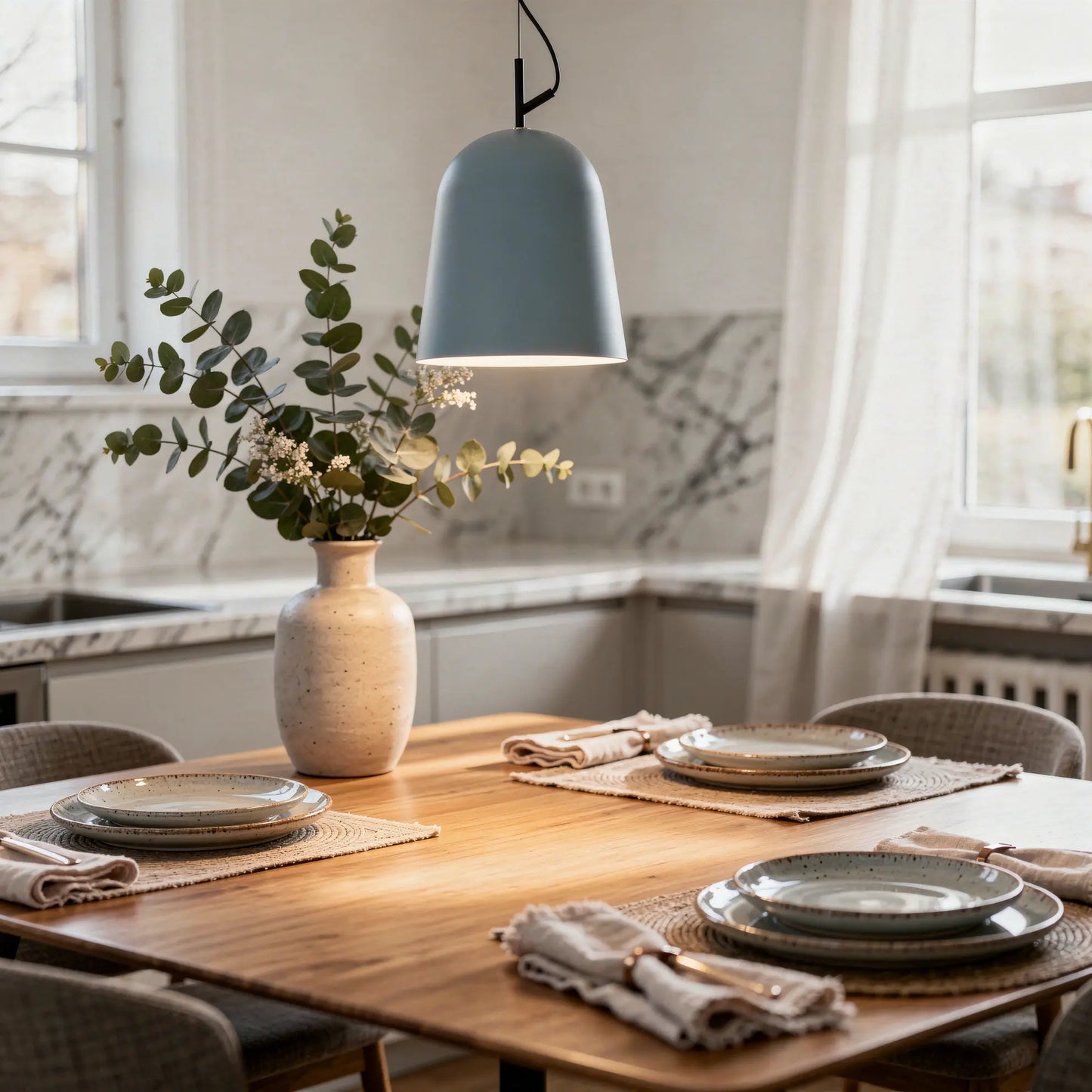 Suspension STUDIO 290 bleue en situation au dessus d'une table de cuisine en bois