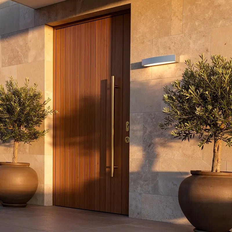 Entrée moderne avec porte en bois et applique murale Andromeda grise sur une façade en pierre beige.