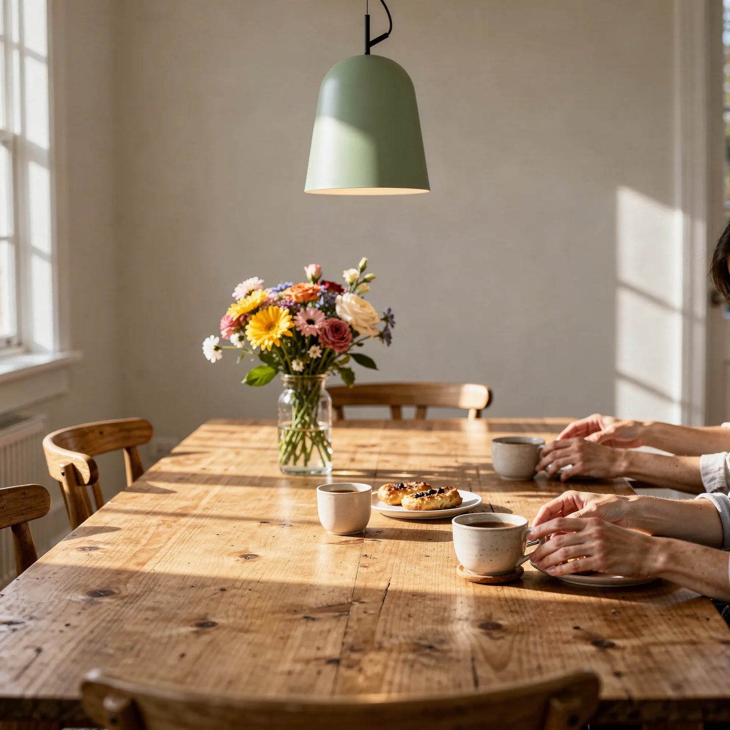 Suspension STUDIO 290 verte au dessus d'une table de cuisine en bois. Élégance moderne dans votre intérieur