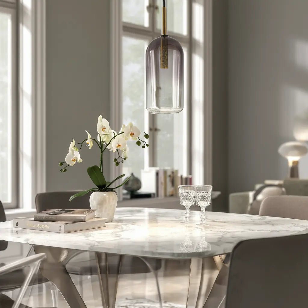 Suspension EMPIRE Cilindro : luminaire design avec diffuseur verre en situation dans une salle à manger