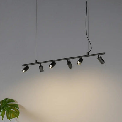 Suspension linéaire noire à 5 spots orientables, éclairage spot doux, câble suspendu et plante verte en premier plan gauche.