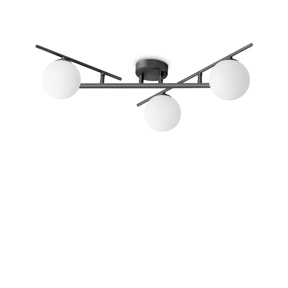 Plafonnier ATLAS noir trois lampes - Éclairez élégamment avec sa structure en métal noir mat. Diffuseurs en verre blanc acidé pour une lumière douce.