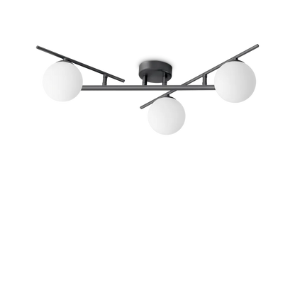 Plafonnier ATLAS noir trois lampes - Éclairez élégamment avec sa structure en métal noir mat. Diffuseurs en verre blanc acidé pour une lumière douce.