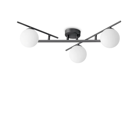 Plafonnier ATLAS noir trois lampes - Éclairez élégamment avec sa structure en métal noir mat. Diffuseurs en verre blanc acidé pour une lumière douce.