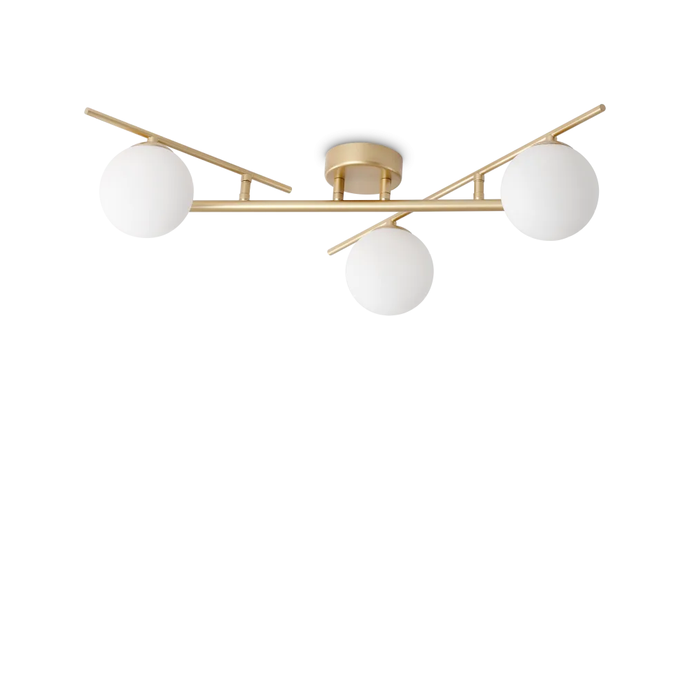 Plafonnier ATLAS or trois lampes - Éclairage élégant avec structure métal or mat et diffuseurs en verre blanc. Ampoules LED G9 incluses.