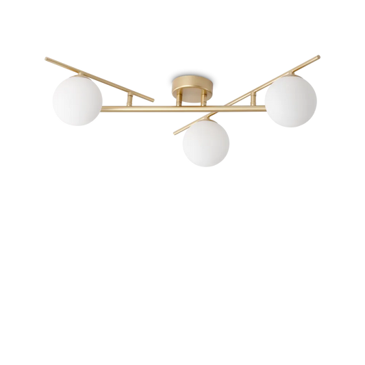 Plafonnier ATLAS or trois lampes - Éclairage élégant avec structure métal or mat et diffuseurs en verre blanc. Ampoules LED G9 incluses.