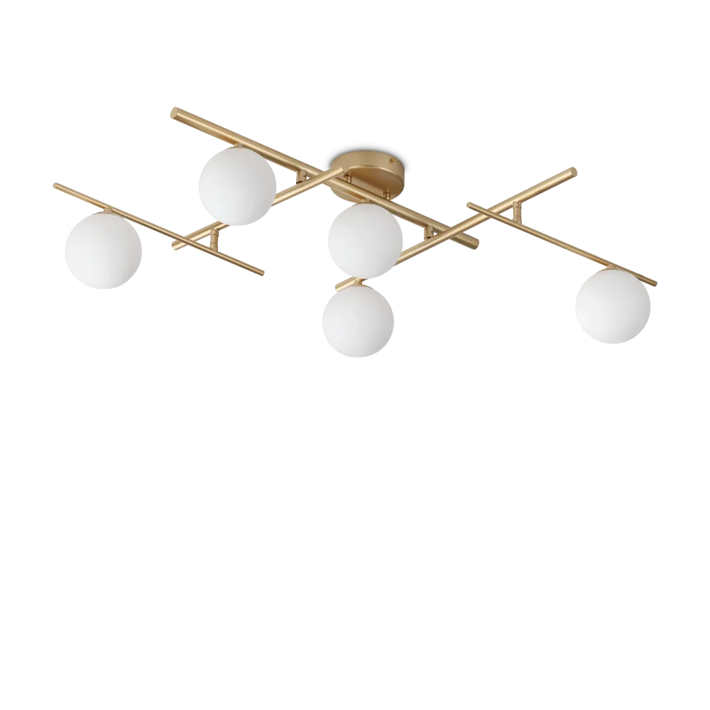 Plafonnier ATLAS or cinq lampes - Éclairage élégant avec structure en métal or mat. Diffuseurs en verre blanc soufflé traités à l’acide.