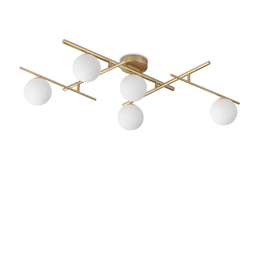 Plafonnier ATLAS or cinq lampes - Éclairage élégant avec structure en métal or mat. Diffuseurs en verre blanc soufflé traités à l’acide.