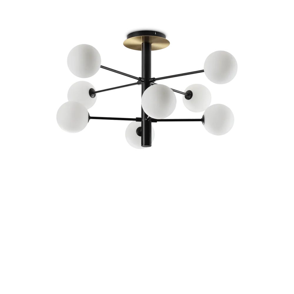 Plafonnier COSMOPOLITAN huit lampes - Éclairez élégamment votre intérieur avec une structure en métal et diffuseurs en verre soufflé. Design moderne et LED intégrées.