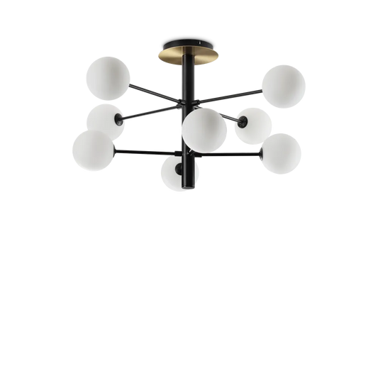 Plafonnier COSMOPOLITAN huit lampes - Éclairez élégamment votre intérieur avec une structure en métal et diffuseurs en verre soufflé. Design moderne et LED intégrées.