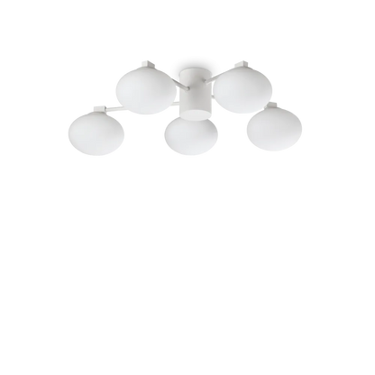 Plafonnier HERMES cinq lampes Ø 60 blanc - Éclairez élégamment votre intérieur avec ce plafonnier design en métal blanc. Cinq diffuseurs verre dépoli.