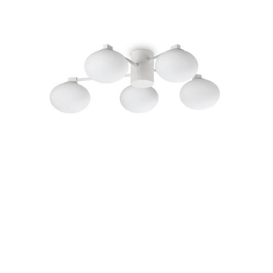 Plafonnier HERMES cinq lampes Ø 60 blanc - Éclairez élégamment votre intérieur avec ce plafonnier design en métal blanc. Cinq diffuseurs verre dépoli.