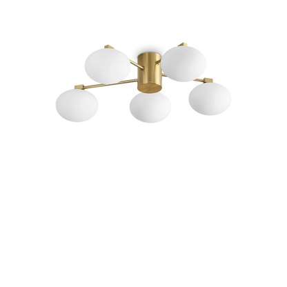 Plafonnier HERMES cinq lampes Ø 60 laiton - Éclairez votre pièce avec style grâce à sa structure en métal laiton et ses diffuseurs en verre dépoli.