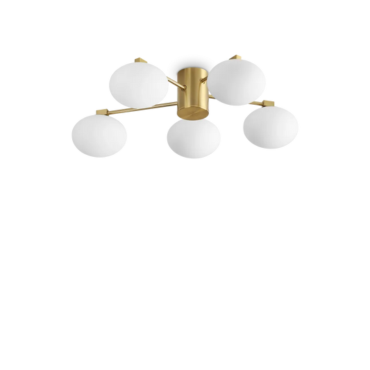 Plafonnier HERMES cinq lampes Ø 60 laiton - Éclairez votre pièce avec style grâce à sa structure en métal laiton et ses diffuseurs en verre dépoli.