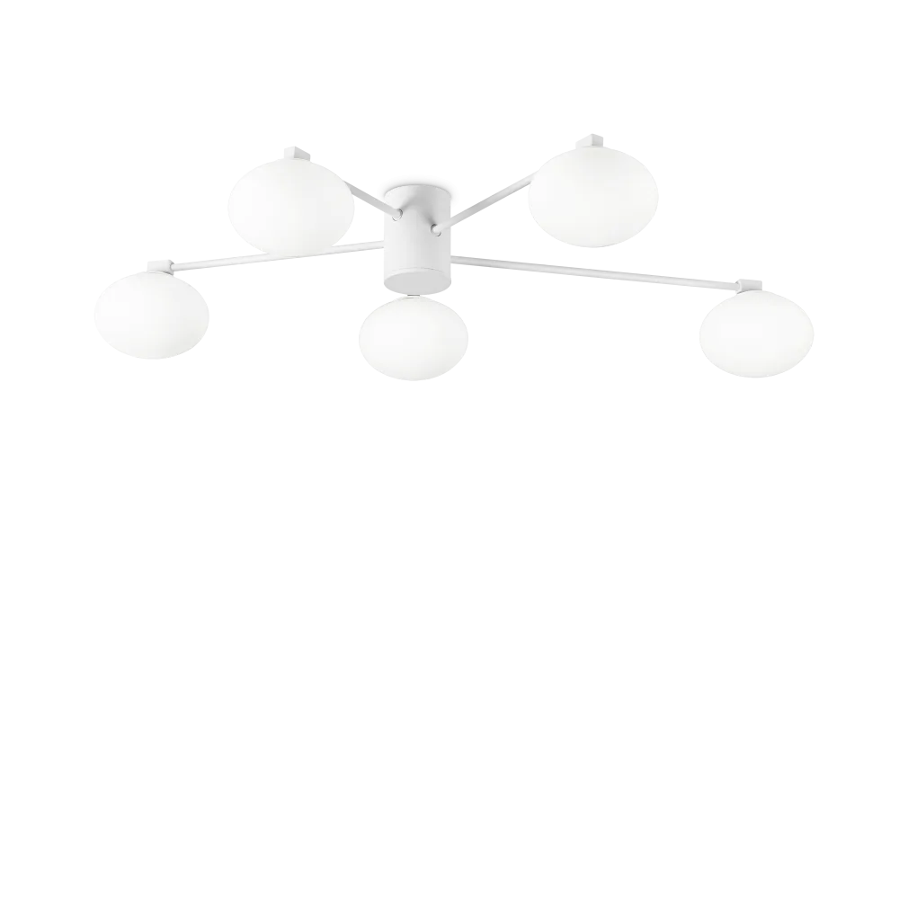 Plafonnier HERMES cinq lampes Ø 90 blanc - Apportez une lumière élégante avec sa structure métal blanc et ses cinq diffuseurs en verre soufflé. Plafonnier design, lampe de plafond pratique.