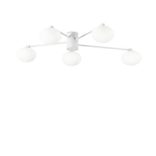 Plafonnier HERMES cinq lampes Ø 90 blanc - Apportez une lumière élégante avec sa structure métal blanc et ses cinq diffuseurs en verre soufflé. Plafonnier design, lampe de plafond pratique.