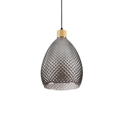 Suspension BERGEN SP1 pavillon en métal verni à poudres en noir. Monture en bois naturel. Diffuseur en verre soufflé transparent avec motif décoratif en relief et finition en fumé.