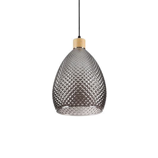 Suspension BERGEN SP1 pavillon en métal verni à poudres en noir. Monture en bois naturel. Diffuseur en verre soufflé transparent avec motif décoratif en relief et finition en fumé.