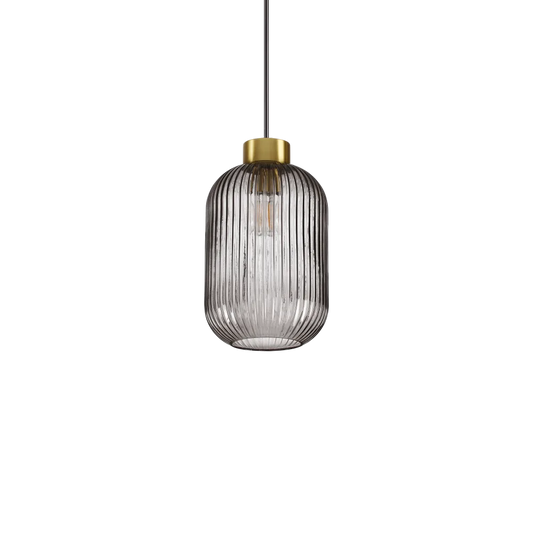 Suspension MINT-1 support en acier finition laiton et diffuseur en verre soufflé de couleur fumé avec cannelures en relief.