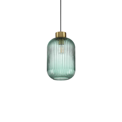 Suspension MINT-1 support en acier finition laiton et diffuseur en verre soufflé de couleur verte avec cannelures en relief.