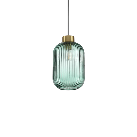 Suspension MINT-1 support en acier finition laiton et diffuseur en verre soufflé de couleur verte avec cannelures en relief.