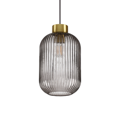 Suspension MINT-3 support en acier finition laiton et diffuseur en verre soufflé de couleur fumé avec cannelures en relief.