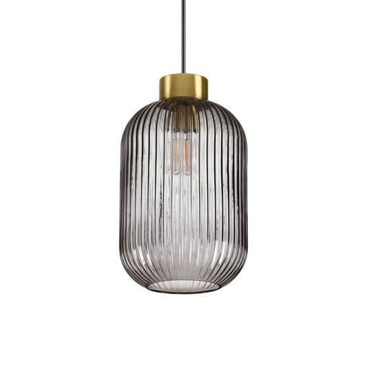 Suspension MINT-3 support en acier finition laiton et diffuseur en verre soufflé de couleur fumé avec cannelures en relief.