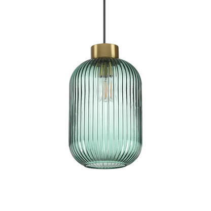Suspension MINT-3 support en acier finition laiton et diffuseur en verre soufflé de couleur verte avec cannelures en relief.
