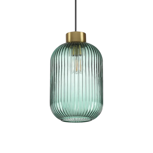 Suspension MINT-3 support en acier finition laiton et diffuseur en verre soufflé de couleur verte avec cannelures en relief.